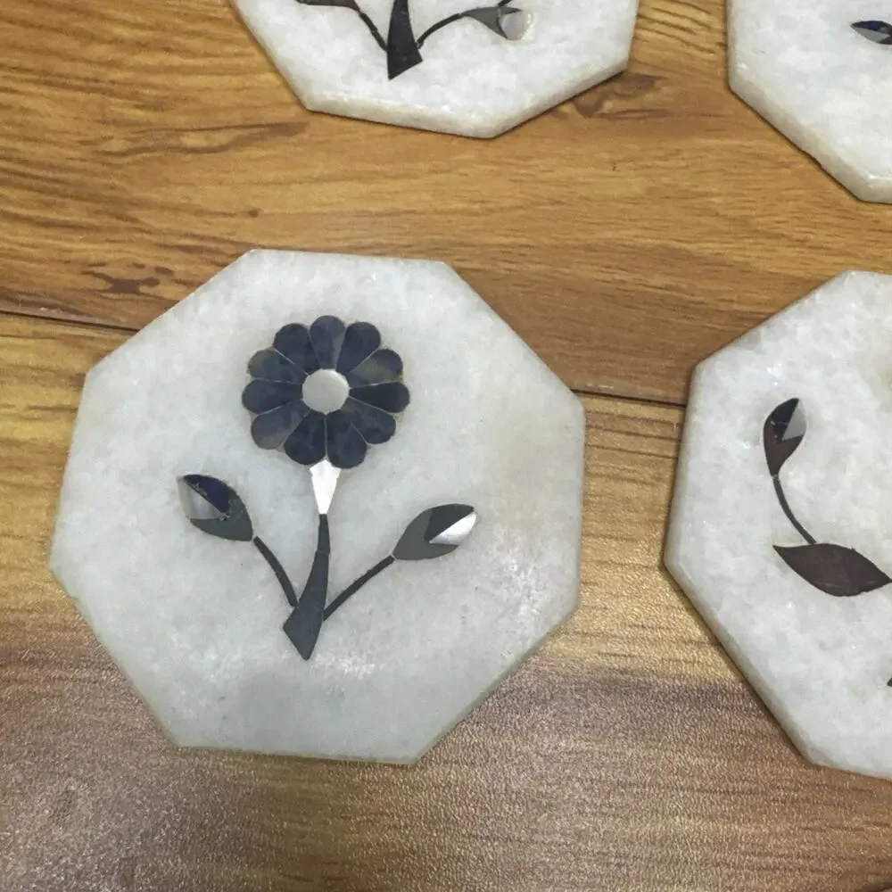 White Marble Floral Coasters Pietra Dura Inlay Lapis Mother of Pearl 3